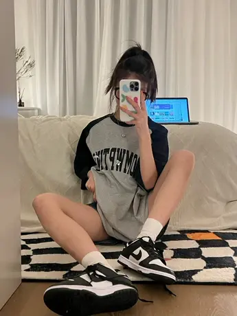 vintage纯棉短袖t恤女夏美式复古插肩拼色宽松圆领小众设计感上衣商品大图