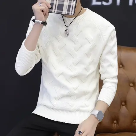 毛衣男白色针织衫套头修身圆领男士冬季毛线衣麻花打底衫加厚线衣商品大图
