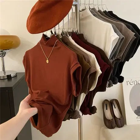 气质贝壳领短袖羊绒T恤女早秋修身西装内搭打底衫净版半高领上衣商品大图