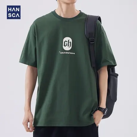 hansca 美式潮牌圆领短袖T恤男夏季新款做旧字母印花宽松休闲上衣商品大图