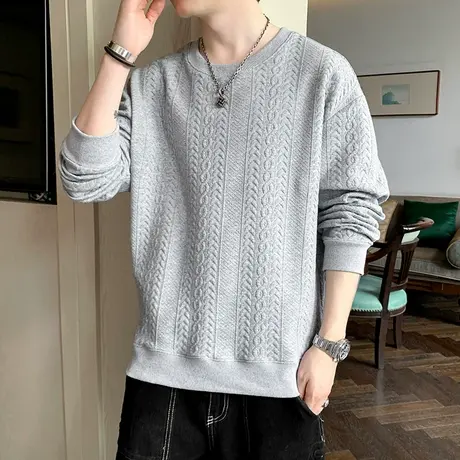 2023秋季新款圆领卫衣男士纯色提花休闲百搭宽松套头长袖T恤上衣商品大图