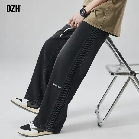 男士美式黑色牛仔裤男松紧腰春秋宽松刺绣裤子男裤2024新款阔腿裤商品大图