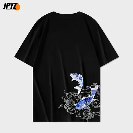 夏季男士t恤上衣短袖宽松锦鲤刺绣印花纯棉圆领潮牌半袖男生上衣商品大图