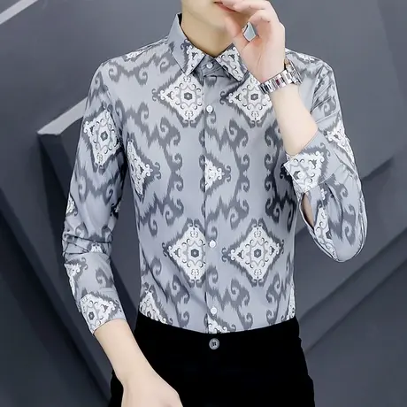 春秋季高级感长袖衬衫男士韩版修身休闲印花衬衣帅气男装上衣潮流商品大图
