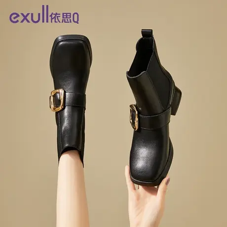 exull/依思Q短靴女2023冬季新款中跟女鞋百搭英伦风马丁靴黑靴子商品大图