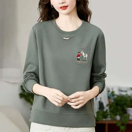 正肩圆领卫衣女2023年春秋新款时尚设计感刺绣上衣长袖休闲外套潮商品大图