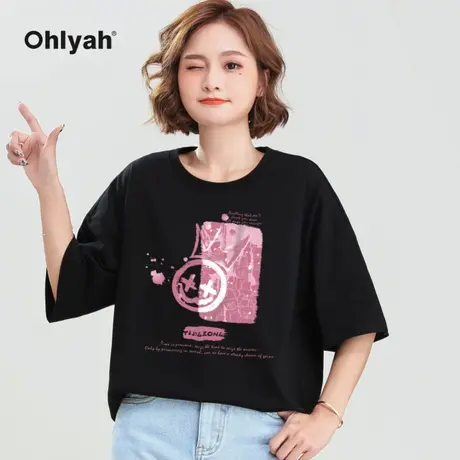 Ohlyah夏装新款港风ins潮牌短袖纯棉黑色笑脸T恤女半袖上衣打底衫图片