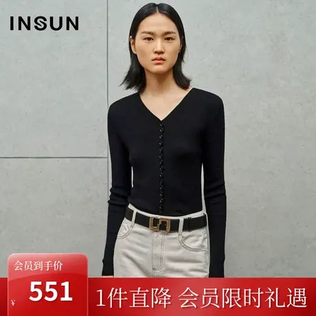 恩裳2023秋季新款柔软舒适美丽诺羊毛V领修身弹力针织衫商品大图