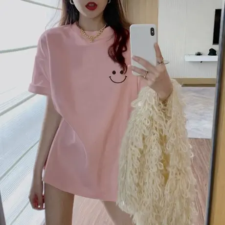 粉色短袖t恤女中长款笑脸2023年新款夏季纯棉欧货大版遮屁股上衣商品大图