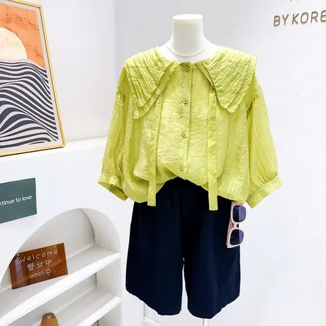 微胖遮肉天丝衬衫夏季韩代款薄款娃娃衫法式别致灯笼袖上衣多巴胺图片