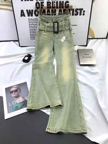 韩版大腰带牛仔喇叭裤2023秋季新款显瘦百搭高腰裤复古磨白微喇裤图片