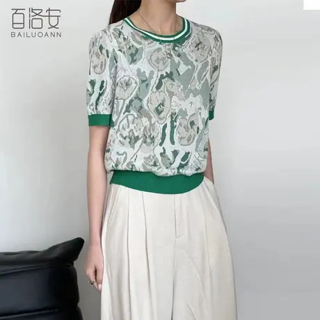 百洛安薄款针织衫女T恤夏季新款时尚撞色小衫百搭泡泡袖圆领上衣商品大图