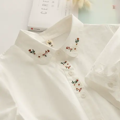 夏季文艺小清新翻领小花刺绣纯棉短袖衬衫女学生宽松减龄半袖上衣图片