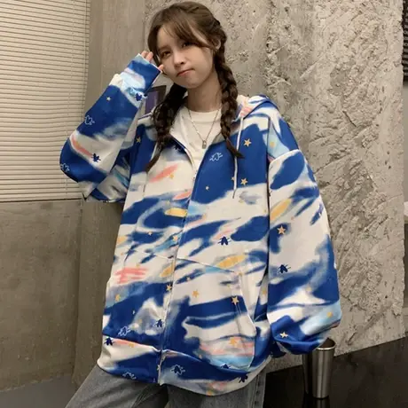 扎染卫衣女chic早秋上衣2021宽松韩版ins设计感小众薄款开衫外套商品大图