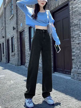 清仓捡漏百搭高腰直筒牛仔裤女秋季宽松慵懒风显瘦拖地阔腿裤潮商品大图