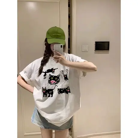 纯棉设计感美式复古短袖t恤女夏季小众宽松港风chic半袖上衣潮牌图片
