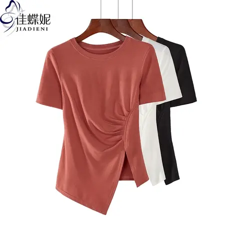 夏季新韩版圆领修身纯棉纯色褶皱不规则纯欲短袖体恤上衣女打底衫商品大图