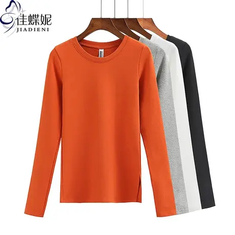 春秋新款韩版圆领侧开叉纯欲修身纯棉纯色长袖体恤上衣内搭女打底图片