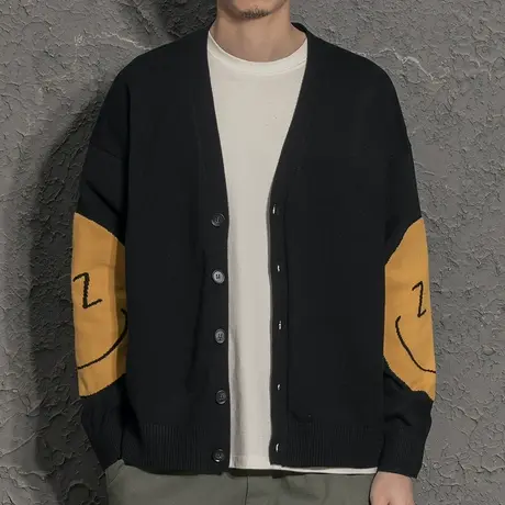 笑脸提花男士针织开衫外套潮牌宽松针织衫男韩版潮流毛衣男春秋款商品大图