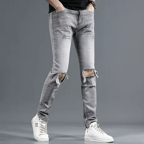 欧美高端破洞牛仔裤男2023新款夏季修身小脚个性潮流男士弹力裤子图片