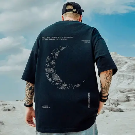 高街潮牌宽松T恤胖子短袖男加肥加大五分袖纯棉肥佬大码男装夏季商品大图