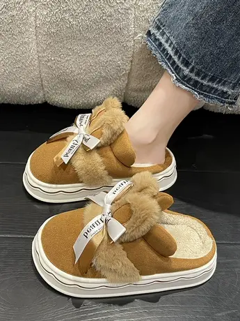 可爱兔子蝴蝶结棉拖鞋女冬季室内居家踩屎感厚底保暖加绒包头拖鞋商品大图