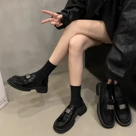 2023新款秋季百搭粗跟黑色乐福鞋女英伦小皮鞋厚底高级感复古单鞋图片