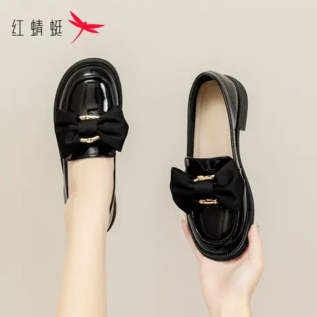 红蜻蜓粗跟乐福鞋女2023春夏新款黑色圆头小皮鞋气质蝴蝶结单鞋女商品大图