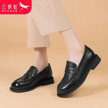红蜻蜓女鞋真皮中跟妈妈鞋乐福鞋女黑色小皮鞋女英伦风单鞋奶奶鞋图片