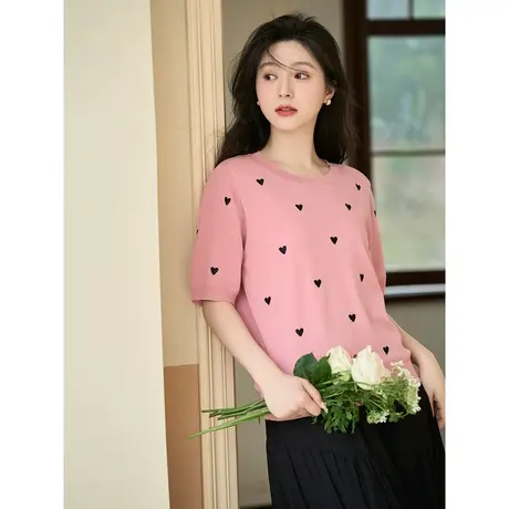 茵曼文艺清新桃心绣花圆领短袖针织衫2023夏女装新款套头显瘦上衣图片