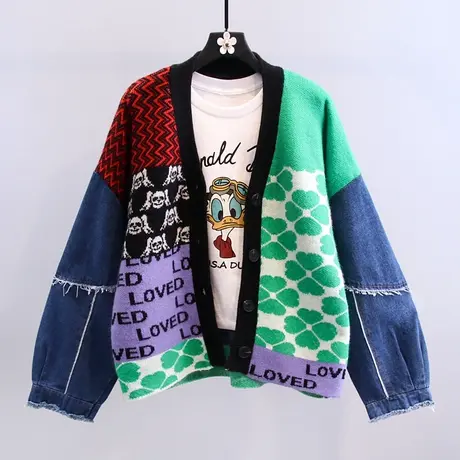 牛仔拼接毛衣外套女秋冬2023新款韩版宽松慵懒风复古撞色针织开衫图片