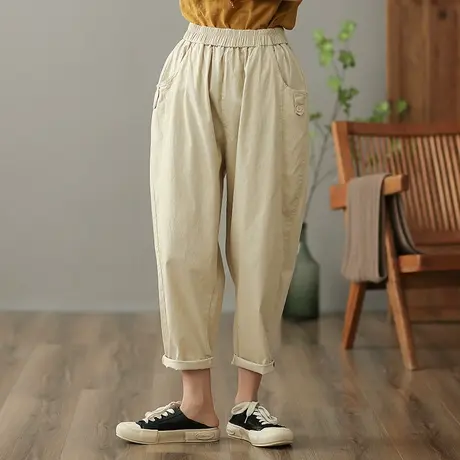 dza 高腰显瘦全棉休闲裤女2023春季纯色九分直筒裤宽松百搭哈伦裤图片