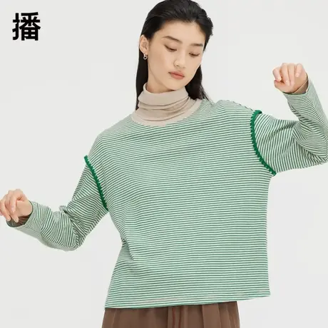 播条纹T恤女2023秋冬新款休闲宽松设计感条纹内搭上衣DDQ4YD5525商品大图