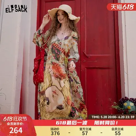 妖精的口袋原创趣味印花v领雪纺连衣裙女2025夏季新款设计感裙子图片