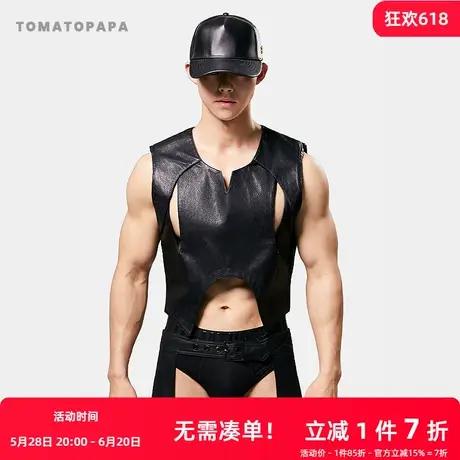 TOMATOPAPA复古马甲水洗皮无袖坎肩性感拼接pu皮背心外套上衣商品大图