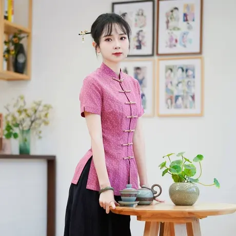 筠雅夏季新款中国风古典唐装上衣女修身显瘦气质新中式女装24J132商品大图