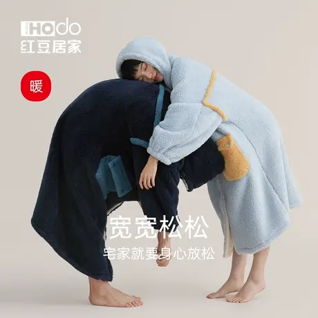 【暖感】红豆珊瑚绒睡衣女秋冬男加厚情侣睡袍连帽法兰绒长款睡裙商品大图