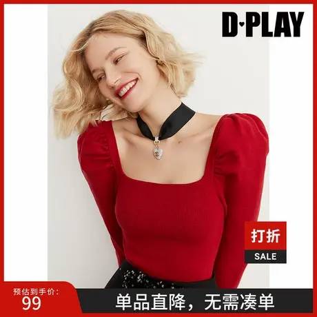 DPLAY秋新法式简约复古红方领羊腿袖针织小衫修身版打底衫图片