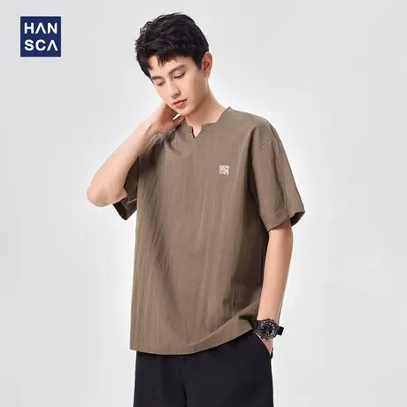 hansca 180g麻棉小珠地短袖t恤男2025夏季轻薄透气亨利领上衣体恤商品大图