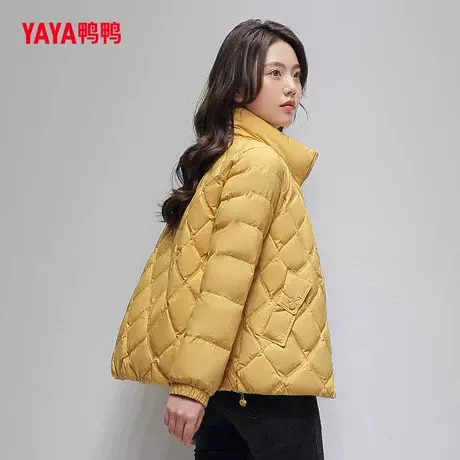 鸭鸭2024年新款羽绒服女立领轻薄菱形格时尚休闲简约保暖短款外套图片
