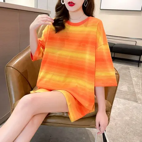 2023年新款春夏大码女装连衣裙子气质欧美微胖mm显瘦遮肚短袖t恤图片