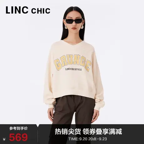 LINCCHIC金羽杰卫衣女2023新款V领落肩短箱学院感卫衣S233HD385Y图片