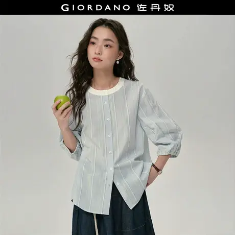 设计师款佐丹奴新款日系宽松慵懒圆领七分袖竖条纹衬衫女18345825商品大图