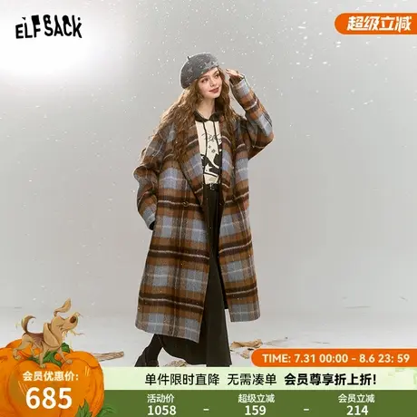 妖精的口袋绵羊毛格纹中长款毛呢外套女2025年秋冬新款高级感大衣图片