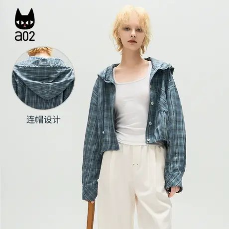 a02【ET自然系列】蓝色格子衬衫连帽衬衣女2025春季新款气质上衣图片