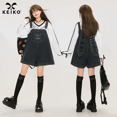 KEIKO 鬼马少女风兔耳朵背带牛仔裤秋季高腰显瘦宽松连身阔腿短裤商品大图