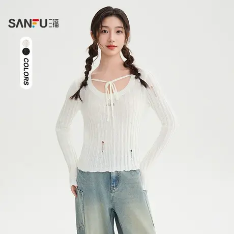 三福毛衣2025秋季小标装饰破洞设计绑带上衣女装507610商品大图