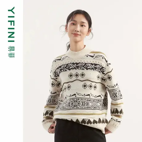 [专柜同款]Yifini/易菲羊毛混纺提花时尚百搭宽松针织衫套头衫女商品大图