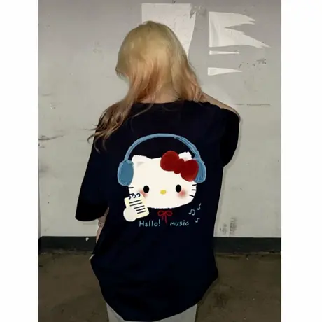 日系Kitty猫纯棉初中生短袖t恤女夏季2025学生宽松慵懒风可爱上衣商品大图