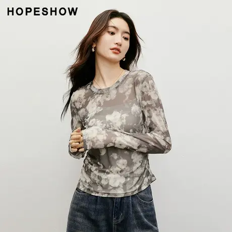 红袖outlets打底T恤秋季hopeshow2024新款女装浮生若梦印花上衣图片